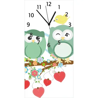 Wallario Design Wanduhr bedruckt, Größe 30 x 60 cm, Motiv: Bunte Eulen mit kleinen Vögeln auf dem Ast - Weiß