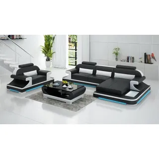 Ledersofa Couch Wohnlandschaft Ecksofa + Sessel Neu Garnitur Design Sofa mit USB - Schwarz