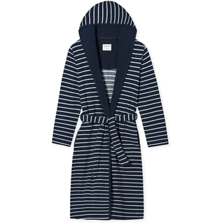 Bademantel SCHIESSER "Feather Terry", Damen, Gr. L, blau (navy), Baumwoll-Mix, Midilänge, Hausmäntel Bademantel, Bindegürtel, Kapuze, Seitentaschen, Regular Fit, Frottee, weich