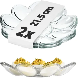 KADAX Eierteller aus Glas, ⌀ 21,5 cm, praktischer Teller für Eier, Eierhalter, robuste Eierablage, Eierplatte, Eierbehälter, Eiertablett, Eierspender (2x Blumenforme, transparent, 18 Eier (2x9))