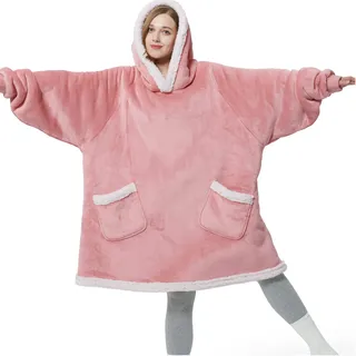 BEDSURE Hoodie Decke mit Ärmeln und Kapuze - Kuscheldecke mit Ärmeln Sherpa Kuschelpullover Damen als Geschenke für Frauen, Rosa, 110x90cm