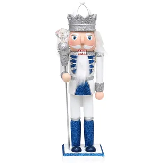 Dekohelden24 Holz Nussknacker König in Silber/blau/weiß, mit Glitter, Maße L/B/H: 7,5 x 7 x 26 cm.
