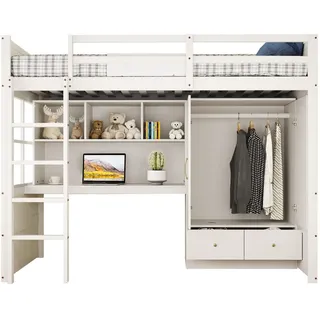 Stilvora Hochbett 90/200 cm in Weiß mit Leiter, Schreibtisch, Kleiderschrank und Schubladen , Holz, Holzwerkstoff , 90x200 cm , Babymöbel & Kindermöbel, Kinderzimmer & Jugendzimmer, Kinderbetten, Hochbetten