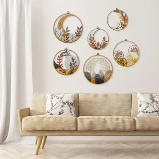 WATUNID 6 Stück Holz Boho Wanddeko Wohnzimmer, Runde Minimalistisch Wand Deko, Modern Böhmisch Wanddeko Schlafzimmer, Vintage Wandskulpturen, Rustikal Dekoration für Haus Esszimmer Küche Korridor