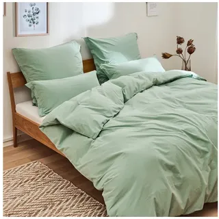 Blumtal Bettwäsche 155x220cm Sommer 2teilig mit Kissenbezug 40x80cm - Bettbezug leinenartige Baumwolle, ähnlich wie Bettwäsche Leinen - Oeko-TEX zert. Stone Washed Bettbezug Sommergrün