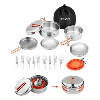 KingCamp Camping Geschirr Set, Camping Kochgeschirr aus Edelstahl, Camping Töpfe mit Faltbare Besteck, Ultraleicht Camping Topf Pfanne Set für Campingkocher, (Kochgeschirr Set für 3 Personen)
