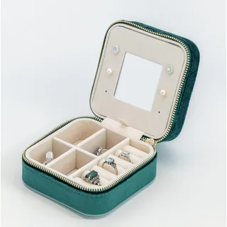 TRIXES Reise-Schmuckkästchen aus grünem Samt – kleine Box Organizer – Präsentationsbox für Ringe, Ohrringe, Armbänder, Halsketten – Taschenspiegel – Geschenke für Frauen