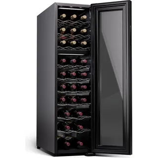 Klarstein Freistehender Weinkühlschrank 2 Zonen, Getränkekühlschrank Klein, Kleiner Weinschrank, Wein-Kühlschrank Klein mit Glastür, Indoor/Outdoor Flaschenkühlschrank, Wine Fridge, 27 Flaschen - Schwarz