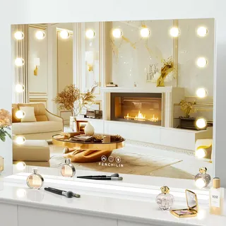 FENCHILIN Hollywood Spiegel mit RGB 18 LED Beleuchtung Schminkspiegel mit Beleuchtung 80x60 cm 3 Farbtemperatur Licht Spiegel mit Beleuchtung Gehärtetes Glas Weiß