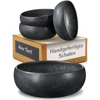 Cosumy 4 Tiefe Teller aus Steingut 750 ml – Handgefertigte Geschirrset Schwarz – Geschirr Set Modern – 4 Stück Suppenteller – Pastateller Groß Tief – Elegante Müslischalen (Tellerset für 4 Personen)