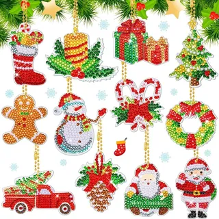 Wybtbm 5D Diamond Painting Weihnachten Anhänger Kinder Weihnachtsmann Schlüsselanhänger Doppelseitige Schneemann Diamant Malerei DIY Kit Weihnachtsbaum Deko 12 Set