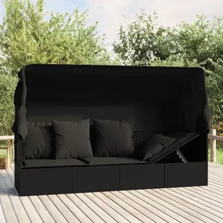 The Living Store Outdoor-Loungebett mit Dach und Kissen Schwarz Poly Rattan - Schwarz