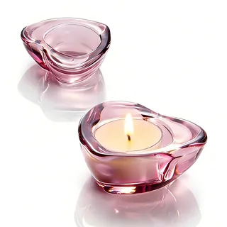 Elivia Rote Teelichthalter - 12er Set Herzförmiger klobiger Glaskerzenhalter 7,4 cm Durchmesser - CH02 - Aubergine Lila