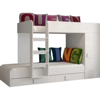Etagenbett für Kinder Toledo 2 Stockbett mit Treppe und Bettkasten (Weiß + Weiß Glanz + weiße Griffe)