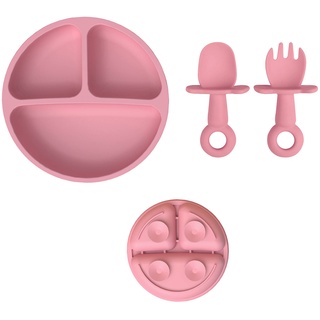 SENDR.KR Babyteller mit Saugnapf,Silikon Rutschfester Kinderteller,Kleinkinder Teller mit Löffel Gabel, Babyteller BPA Frei,Baby Tischset für Baby Kleinkind und Kinder -rosa (rosa)