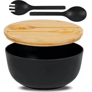Schwarze Bambus-Salatschüssel mit Holzdeckel - Wiederverwendbare Schüssel mit Besteck - Große Servierschüssel für Müsli, Pasta, Salat - 25 x 25 x 16 cm