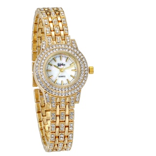 JewelryWe Damenuhr Armbanduhr mit Strass Muschel Ziffer Metallarmband Analog Quarz Uhr für Frauen Gold