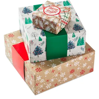 Hallmark 0005XBC1129 Small, Medium, Large Gift Box Set for Christmas, Holidays Verschiedene Geschenkboxen mit Wickelbändern, Papier, Handwerk, rot, grün, Schneeflocken, Plaid, Stechpalme, Bäume