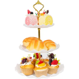 Etagen Servierplatte aus Kunststoff, dreistöckiger Tortenständer mit Metallstange, runder Tortenständer für Obst, Kekse, Wiederverwendbare Dessert-Etagere für Geburtstage, Hochzeiten (Weiß)