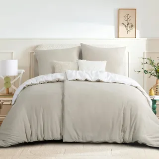 RUIKASI Bettwäsche 135x200 Beige Weiß 4teilig - Wendebettwäsche Bettbezug 135 x 200 mit Reißverschluss, Oeko-TEX Mikrofaser Bettwäsche Sets, Weich und Bügelfrei