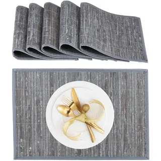 Relaxdays Tischset, 6er Set, Bambus, Stoffrand, rutschhemmend, 45 x 30 cm, Teller, Esstisch, eckiges Platzset, grau