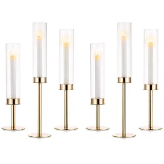 NUPTIO Kerzenständer Glaszylinder für Kerzen Gold: 6 Stücke Hochzeit Kerzenhalter Glas Stabkerzen Metall Groß Bodenlosen Zylinder Kerzen Windlicht Party Tisch Tafel Tafelaufsatz Esszimmer Deko