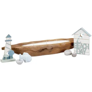 Relaxdays Kerzenschale Holz, Mehrdochtkerze, Dekoschale, Kerzenschiffchen, rustikal, Teak, Tischdeko, 69 cm breit, braun