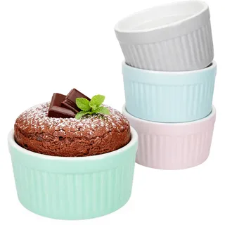 MamboCat Emilia 4er Set Soufflé Förmchen I 125ml, Ø8,8cm I je 1x rosa, türkis-blau, hellblau & grau I Porzellan Mini Backformen rund I für Crème Brûlée, Cupcakes, kleine Aufläufe & Dessert