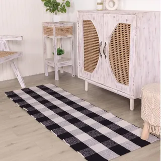 RAJRANG Baumwoll -Reversible Karierte Teppich 183 x 61 cm Boho Maschine Waschbarer Büffelkar Plaid innen im Freien Eingangsmatte Schwarz und Weißer Teppich