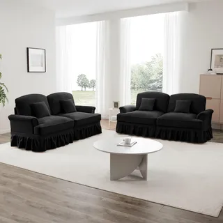 Sweiko Elegantes Mid-Century L-förmiges 2-Sitzer Sofa aus Chenille mit Trichter-Armlehnen, abnehmbarer Rüschenschürze, spindelförmigen Beinen & beweglichem Hocker,Schwarz