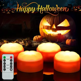 Litake Halloween Kürbis Lichter, LED Jack-O-Lantern Außen Batteriebetriebene Flammlose Flackernde Kerzen Warmweiß mit Fernbedienung & Timer Teelichter für Kürbis Halloween Deko (Warmweiß 4 Stück)