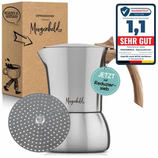 Morgenheld FLOW Premium Edelstahl Espressokocher mit Reduziersieb für 3 bis 6 Tassen 300ml - Espressomaker induktionsgeeignet - Espressokanne mit Reduziereinsatz für Induktion und Gasherd