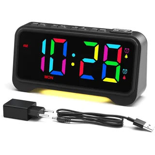 Wecker Digital mit 8 Farben Digitalanzeige, Doppelalarm, Dimmer, 76-110dB, Werktag-Wochenendmode, Abschalt-Speicher, Nachtlicht, Digitaler Kinderwecker für schulanfänger, Mädchen, Jungen (RGB)