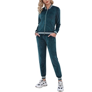 Doaraha Damen Freizeitanzug Velours Pyjama Hausanzug Samt Loungeanzug Modischer Zipjacke+Sportswear-Hose Bequemer Homewear-Anzug für Frühling, Herbst und Winter, Dunkelgrün, XL