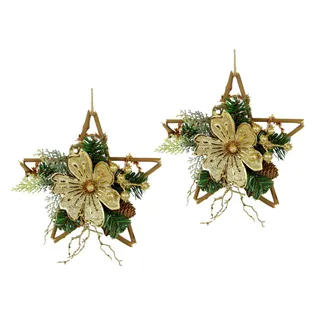 Flair Flower Stern aus Rattan dekoriert mit Magnolie echten Zapfen Tannenzweige Beeren Christbaumkugel Dekozweige Schleife zum Hängen Weihnacht Türdeko Deko Wand Holz Weihnachtsdeko 2er Set