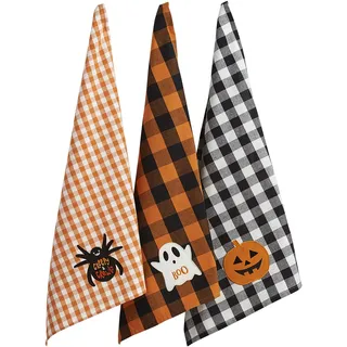 DII Happy Halloween Geschirrtuch-Kollektion Küchenhandtuch-Set aus Baumwolle, verziert, Gruseliges Farmhouse Buffalo Check, 18x28, 3