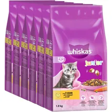 Whiskas Junior Katzentrockenfutter mit Huhn, 6 Beutel, 6x1,9kg – Trockenfutter für heranwachsende Katzen, kleine Kibbles für Kätzchen von 2-12 Monaten- unterschiedliche Produktverpackungen erhältlich