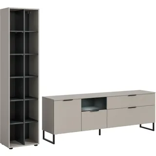 xonox.home – Wohnkombination Noida 290x192x41 cm inkl. Beleuchtung in Kaschmir Nachbildung Schwarz – Modernes Wohnwand-Set mit Licht – stilvoll, hell & praktisch