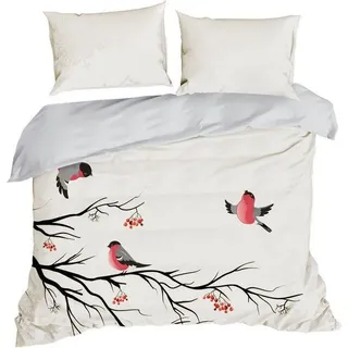 Bettwäsche 3-tlg 160x200 cm Weihnachten Vogel schwarz rot creme Baumwolle - Weiß