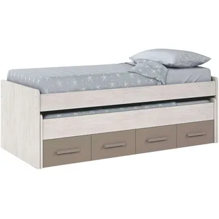Habitdesign, Ausziehbett für Jugendliche mit 2 Liegeflächen und 2 Schubladen, platzsparendes Funktionsbett in Alpenweiß und Basalt, Maße: 198 x 69 x 96 cm (B x H x T), Modell Ares (ohne Lattenrost)