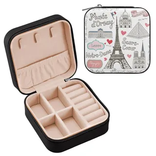 SUABO Schmuckkästchen mit Paris-Abzeichen, französischer Eiffelturm, Liebe, für Halsketten, Ringe, Mini-Schmuckkästchen, Ohrringe, Leder, Reise-Organizer für Frauen, Mädchen, Freundin, Ehefrau,