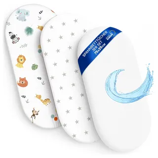 Spannbettlaken Kinderwagen Baby Spannbetttücher 3er Set: 35x75 cm - 2X Bettlaken + 1x wasserdichter Matratzenschoner - Babybett Zubehör für Kinderbett Beistellbett Stubenwagen 35 x 75
