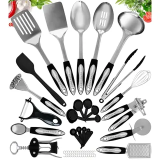 Küchenutensilien Set Kochset - Antihaft Hitzebeständiger Küchenhelfer Set - Pfannenwender Kochlöffel set - Küchen Gadgets (41-tlg Edelstahl Set)
