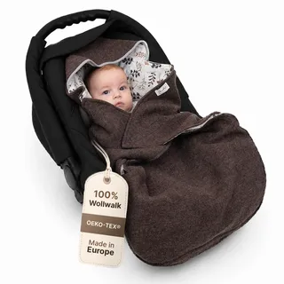 Swaddyl WOLLWALK Einschlagdecke Babyschale - Baby Fußsack - Maxi-Cosi Decke - Einschlagdecken für Kinderwagen - Neugeborene bis 12 Monaten aus 100% Wolle (Braun Blumen)
