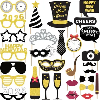 Silvester Deko 2026 – 30 Fotorequisiten für Neujahr Silvesterdeko, Dekoration Set mit Photo Booth Props Fotoaccessoires Silvesterparty