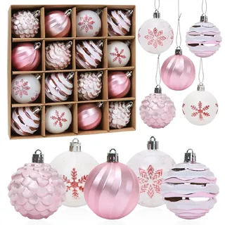 Weihnachtskugeln Rosa Set, 16 Stück Christbaumkugeln 6cm, Kunststoff Weihnachtsbaumkugeln Weiß, Christbaumschmuck, Weihnachtsbaum Dekoration