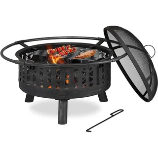 Relaxdays Feuerschale mit Grillrost & Funkenschutz, Schürhaken, Kohlerost, Ø 75 cm, Feuerstelle Garten, schwarz/Silber