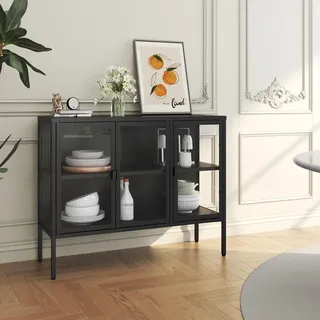 Vitrinen-Sideboard 'Borshavisa' Stahl 3-türig Klarglas 80 x 100 x 35 cm Schwarz - Schwarz