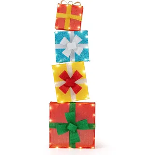 FANTASK 120 cm große LED Geschenkboxen, beleuchtete Weihnachtenbox, 4 stapelbare Weihnacht Dekoboxen mit 48 warmweißen Lichtern, Weihnachtsfigur für außen, innen