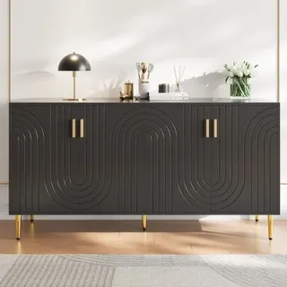 okwish Kommode Sideboard mit viel Stauraum, Schrank mit mit goldenen Griffen und Füße, Schubladenschrank Anrichte für Wohnzimmer- Essbereich schafft , 152x40x151cm, Schwarz - Schwarz